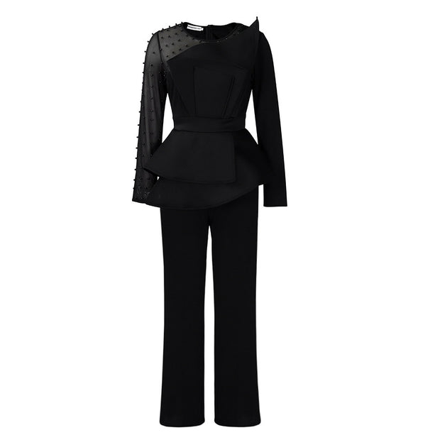 Long Sleeve Mesh Splicing Beads Banquet Plus Size Jumpsuit