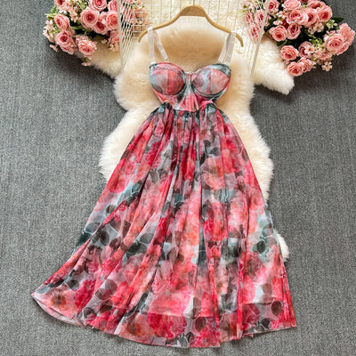 Floral Chiffon Strap Tube Top Dress New Retro