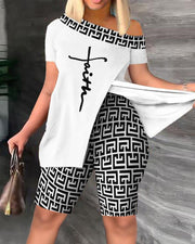 Diagonal Collar Short Sleeve Split Top Shorts Suit