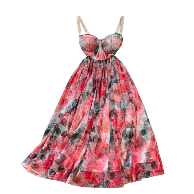 Floral Chiffon Strap Tube Top Dress New Retro