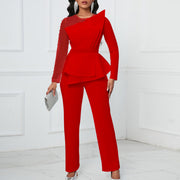 Long Sleeve Mesh Splicing Beads Banquet Plus Size Jumpsuit